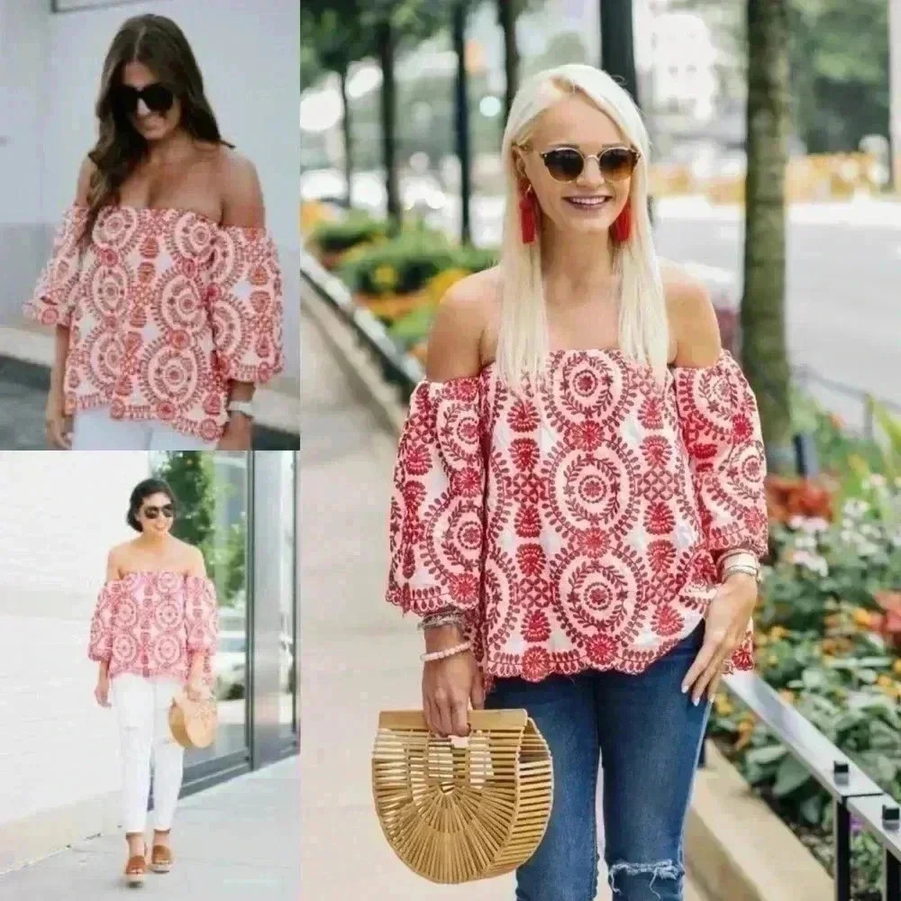 BNWOT Red&White embroidered  off the shoulder Top size M